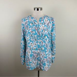 NY Collection Blue White Floral Long Sleeve Blouse Top Women Medium